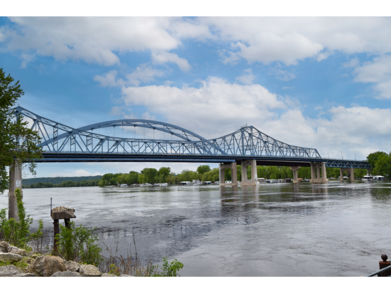 A view of the iconic Cass Street Bridge that brings people in and out of La Crosse Wisconsin. The bridge goes over the Mississippi River.