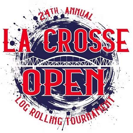 La Crosse Open 2025 Log Rolling Tournament logo featuring bold red and white text, Mississippi River bridge graphic, and event splash design.