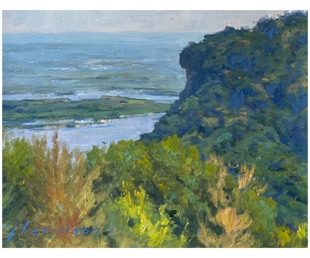 Oil painting by Colleen Shore showing a verdant Mississippi River bluff, with layered green foliage in the foreground, a winding blue river below, and hazy hills stretching into the distance.