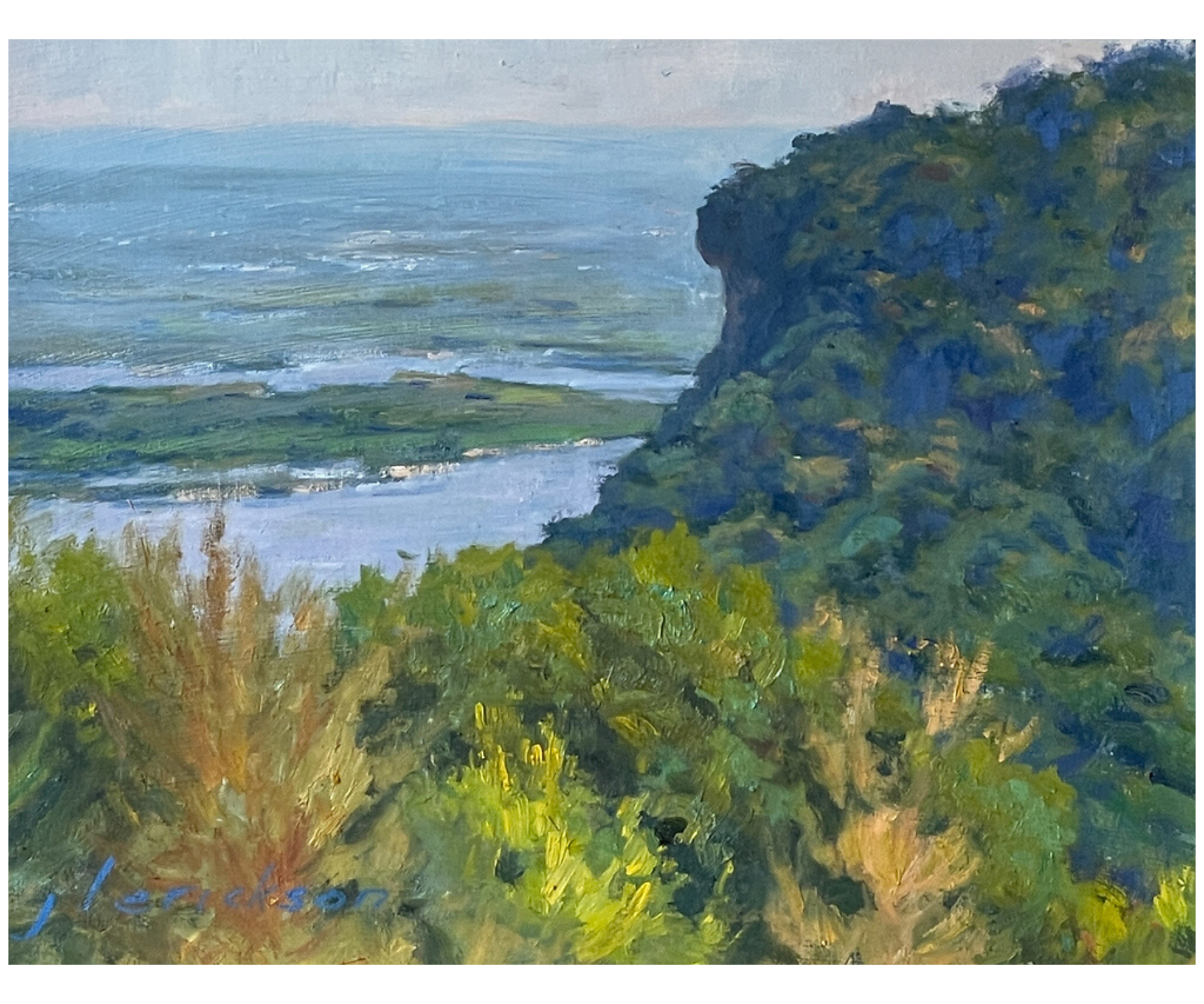 Oil painting by Colleen Shore showing a verdant Mississippi River bluff, with layered green foliage in the foreground, a winding blue river below, and hazy hills stretching into the distance.