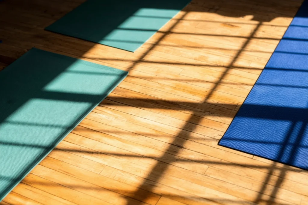 Yoga mats arranged on a wooden studio floor with sunlight streaming through windows, a feature of mindfulness and yoga in La Crosse