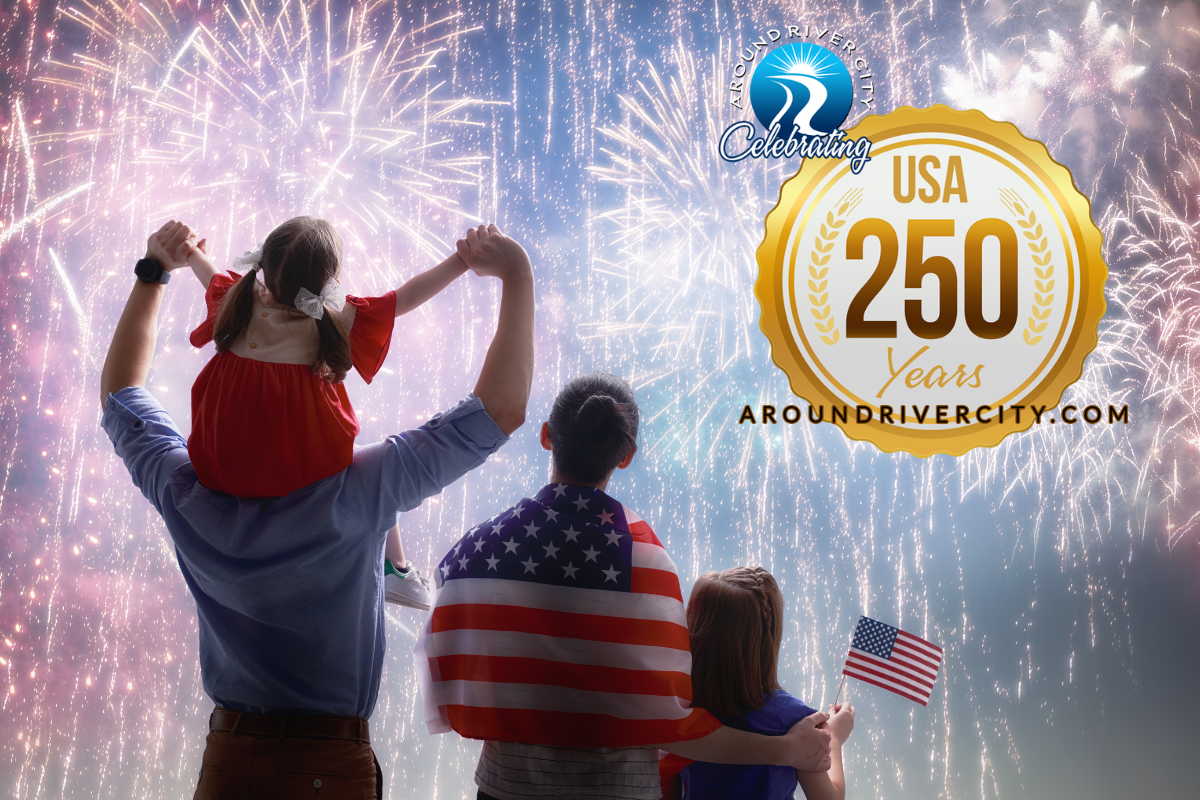 American family wearing and holding american flags watching fireworks. Around River City Logo and America 250 Emblem top right corner.