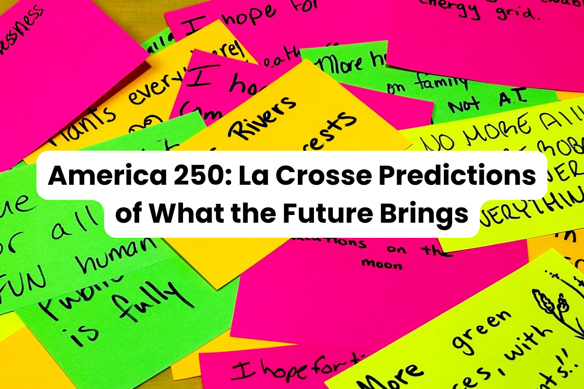 A pile of neon-colored note cards with handwritten future predictions. Text overlay reads: "America 250: La Crosse Predictions of What the Future Brings."