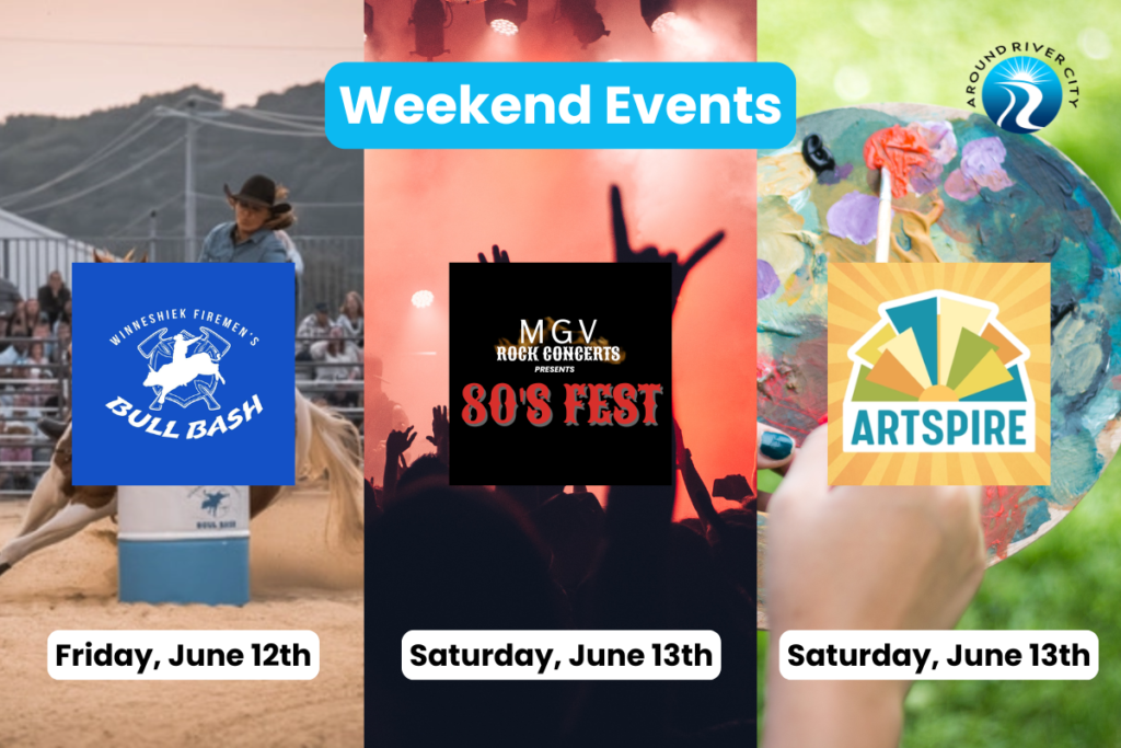 A promotional graphic titled "Weekend Events" showcasing three local events. Left: Winneshiek Firemen’s Bull Bash logo on a rodeo background for Friday, June 12th. Center: MGV Rock Concerts presents 80's Fest logo on a concert crowd background for Saturday, June 13th. Right: Artspire logo on an artist's palette background for Saturday, June 13th. Includes the Around River City logo in the top right corner.