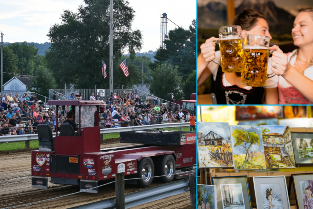 Tri-split image of local weekend events: a tractor pull at Houston Hoedown Days, women celebrating at a La Crosse Oktoberfest pre-show, and artists' booths at the AAUW Art Fair on the Green.